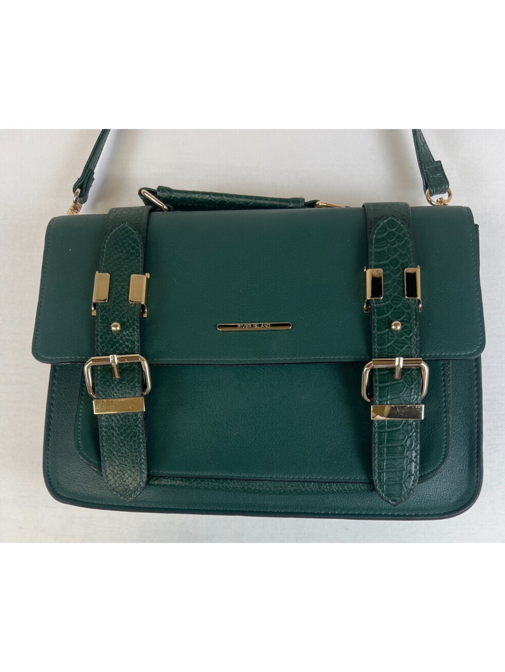 River Island Green Faux Leather Crossbody Satchel Bag Strap Buckle Handbag - Picture 9 of 13